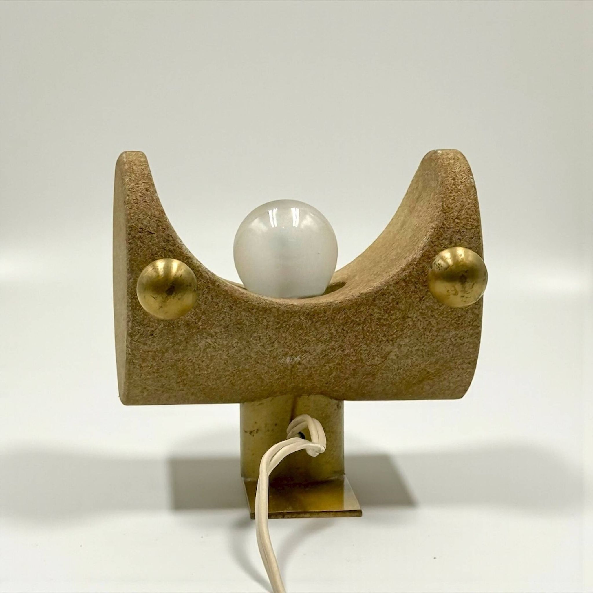 Brutalist Italian Light in Stone and Brass – 1970s Table Lamp