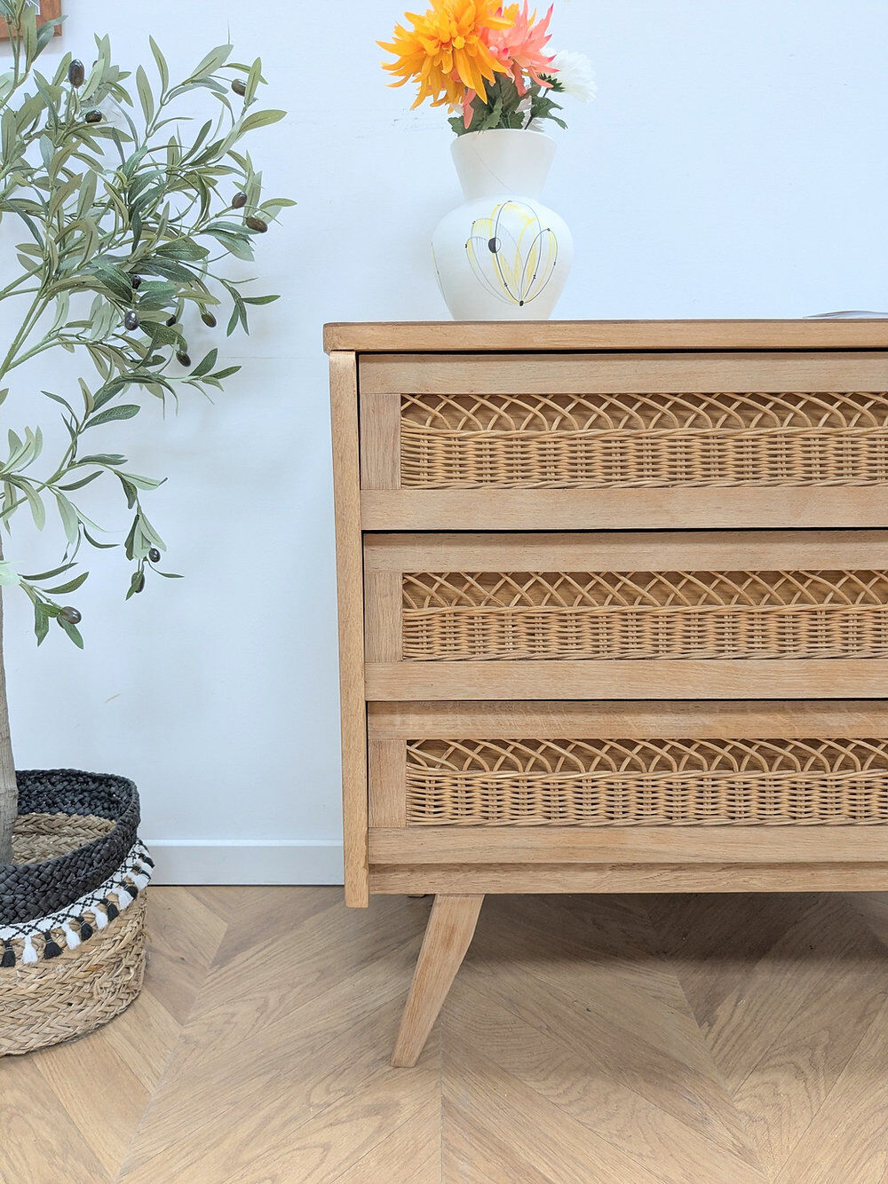 Vintage oak and rattan chest of drawers