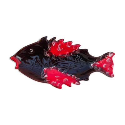 Ancien plat poisson céramique marron rouge vintage