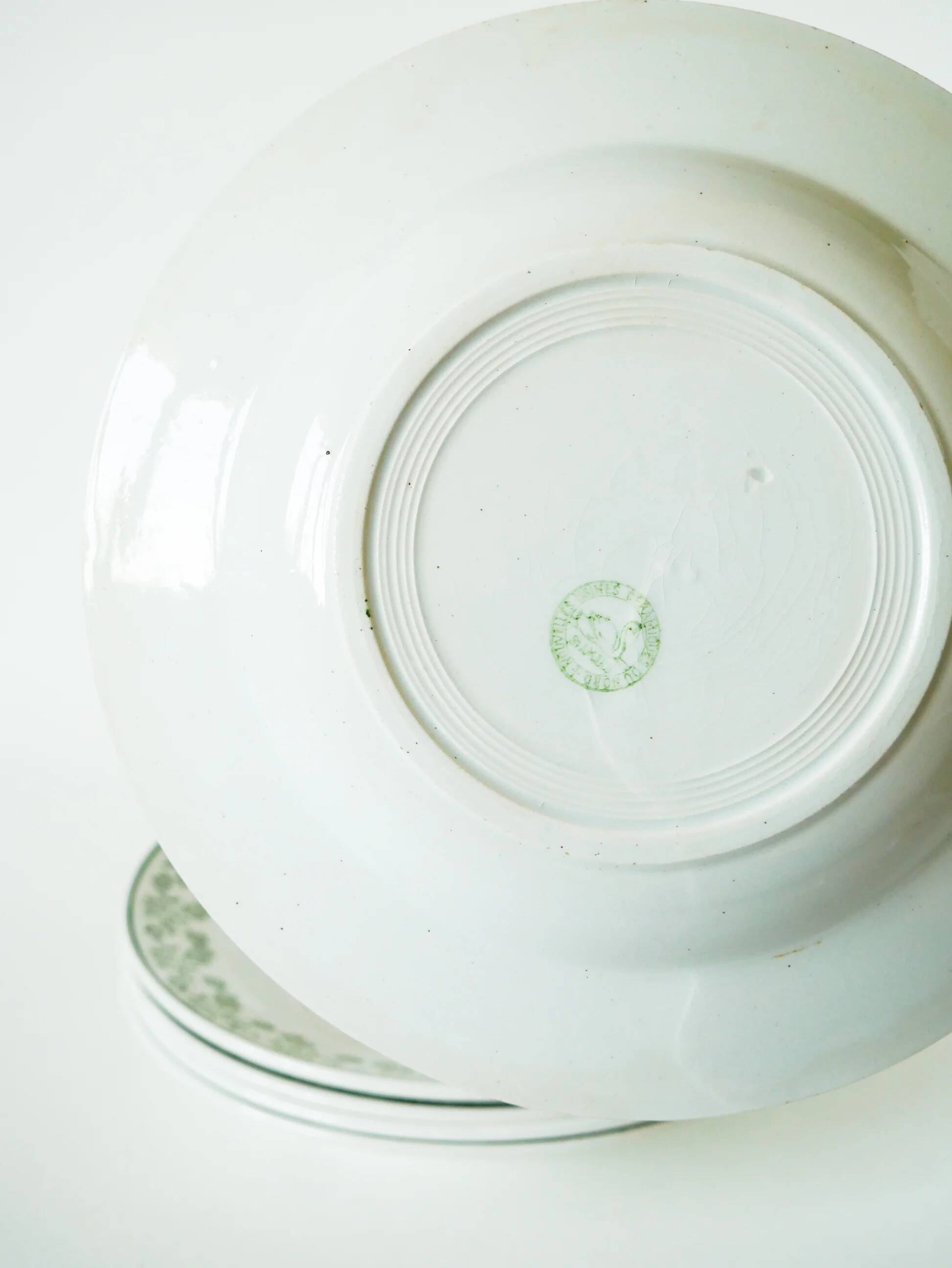 Set of 5 soup plates with floral border, green, St Amand, 1950