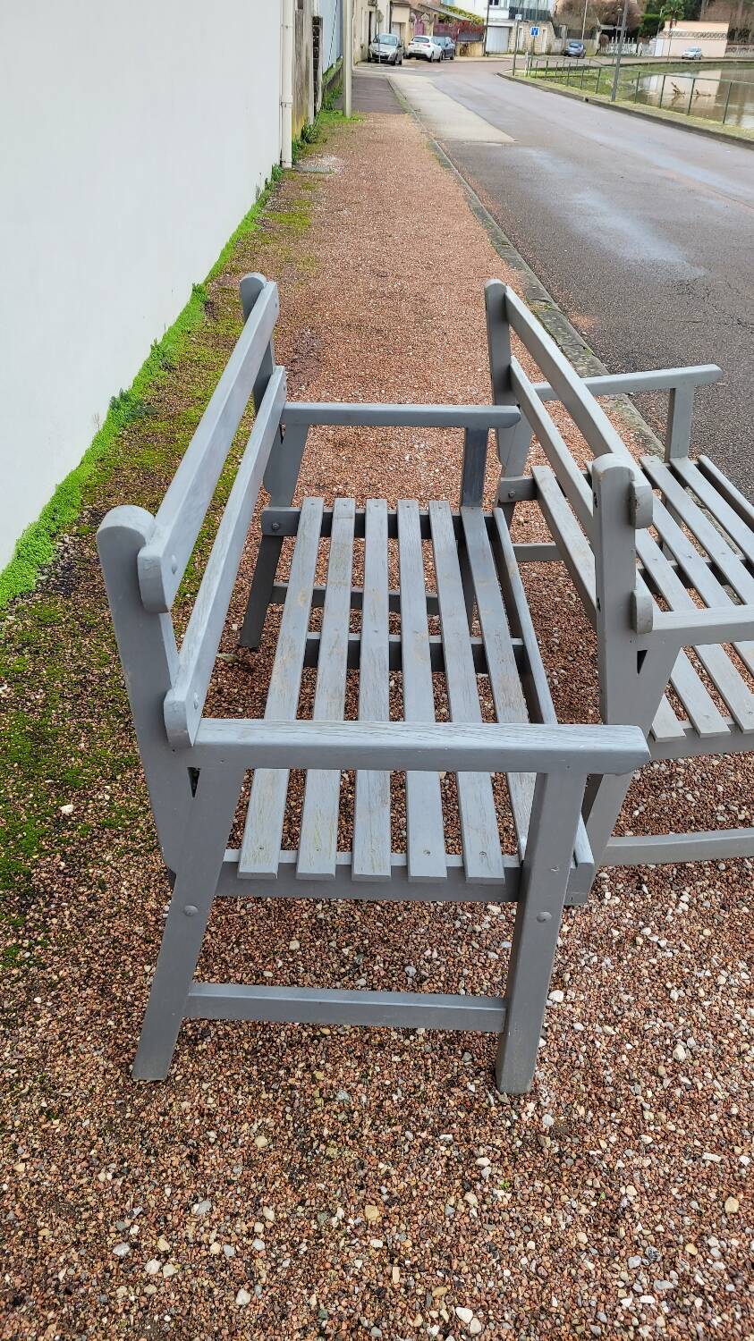 Pair of old wooden park garden benches