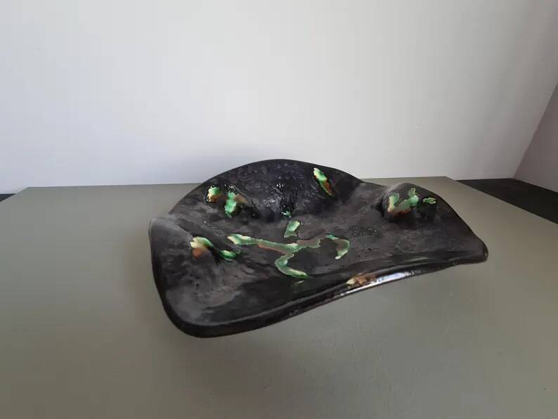 French ceramic bowl, lava glaze, black and green.
