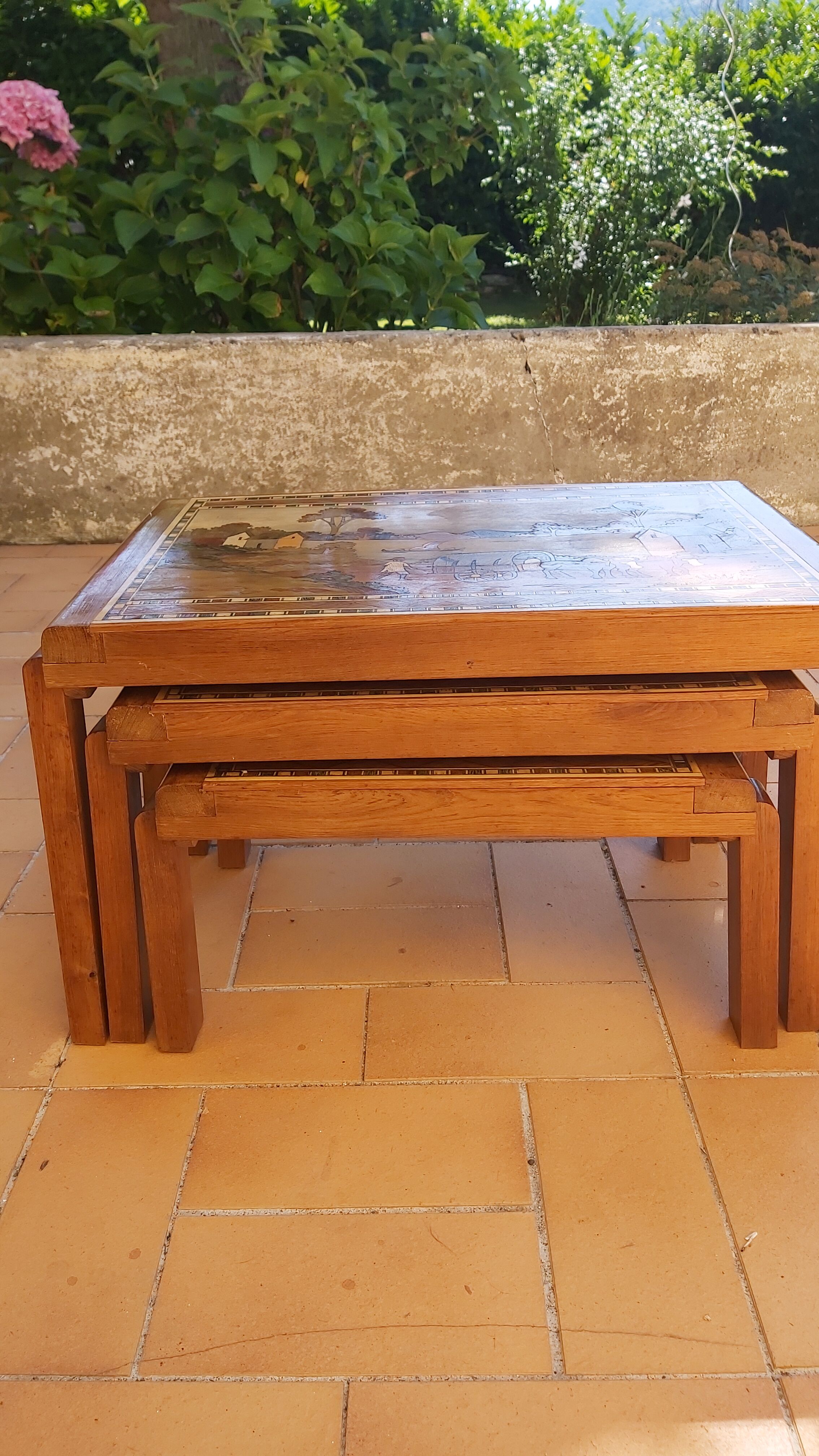 Malagasy marquetry trundle tables