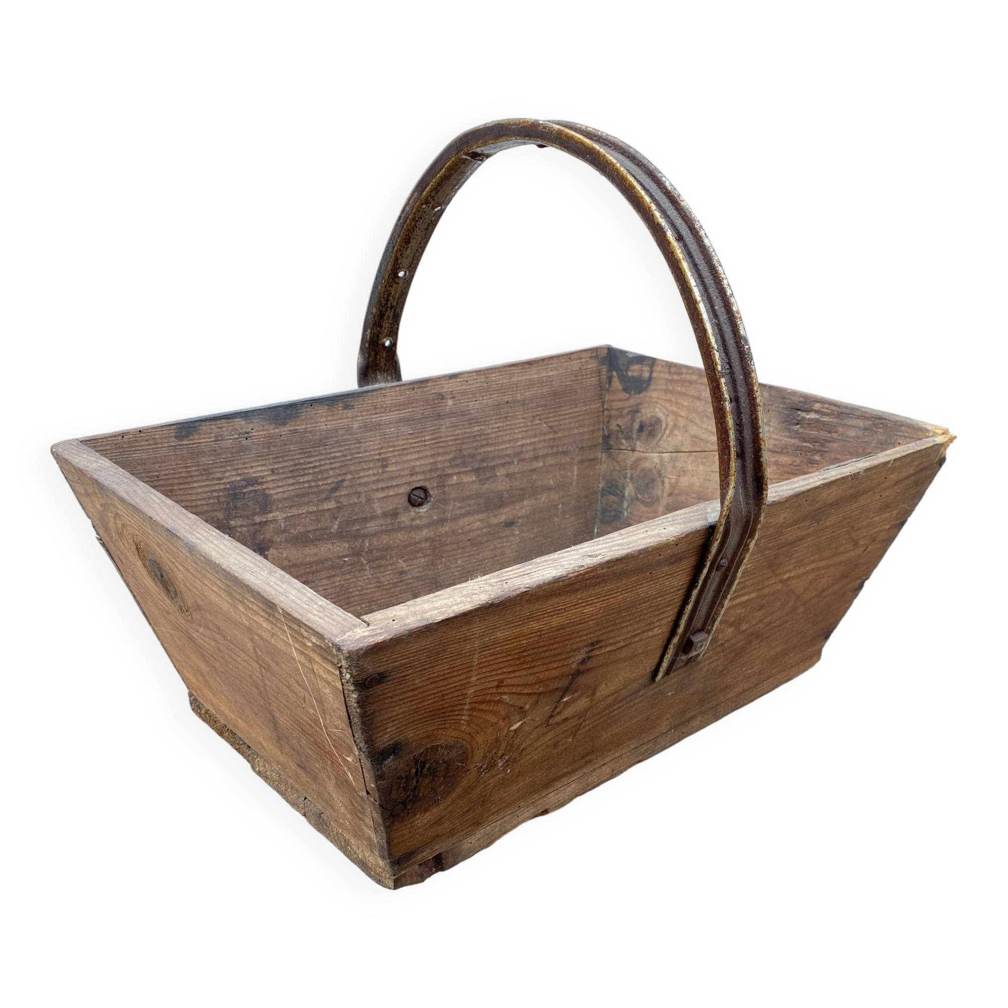 Authentic wooden crate basket with metal handle, old 1950s