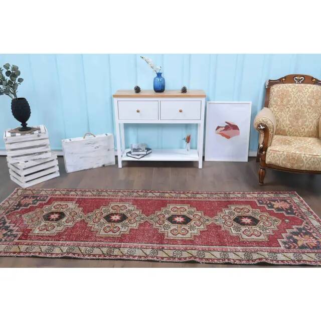 Vintage Turkish Oushak Handmade Wool Cotton Red Runner Rug   101x281