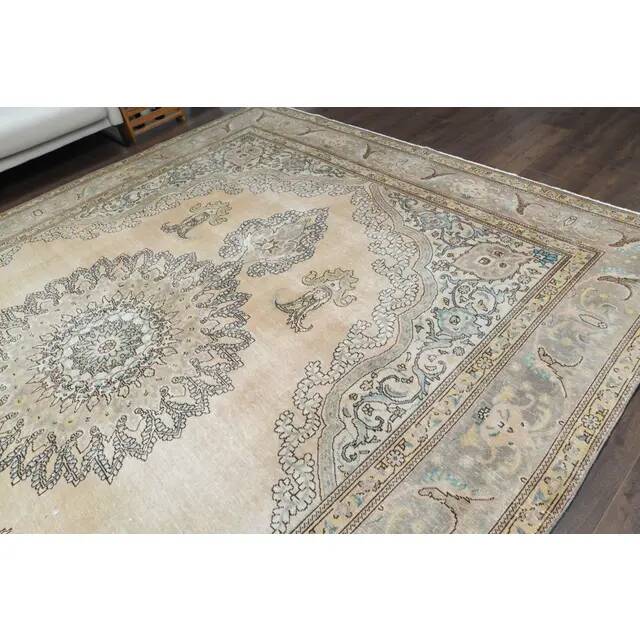 1960s Vintage Persian Handmade Wool Cotton Beige Area Rug 290x385