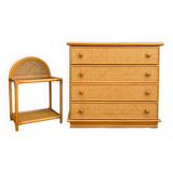 Chest of drawers and bedside table in rattan cane and oak, vintage 1970s