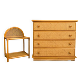 Commode et son chevet en rotin cannage et chêne vintage 1970