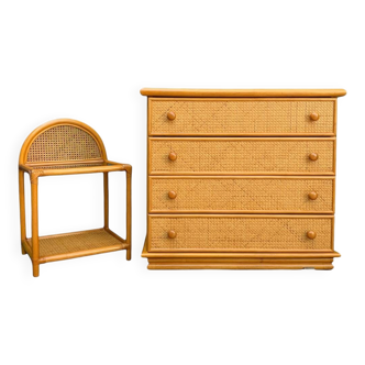 Chest of drawers and bedside table in rattan cane and oak, vintage 1970s
