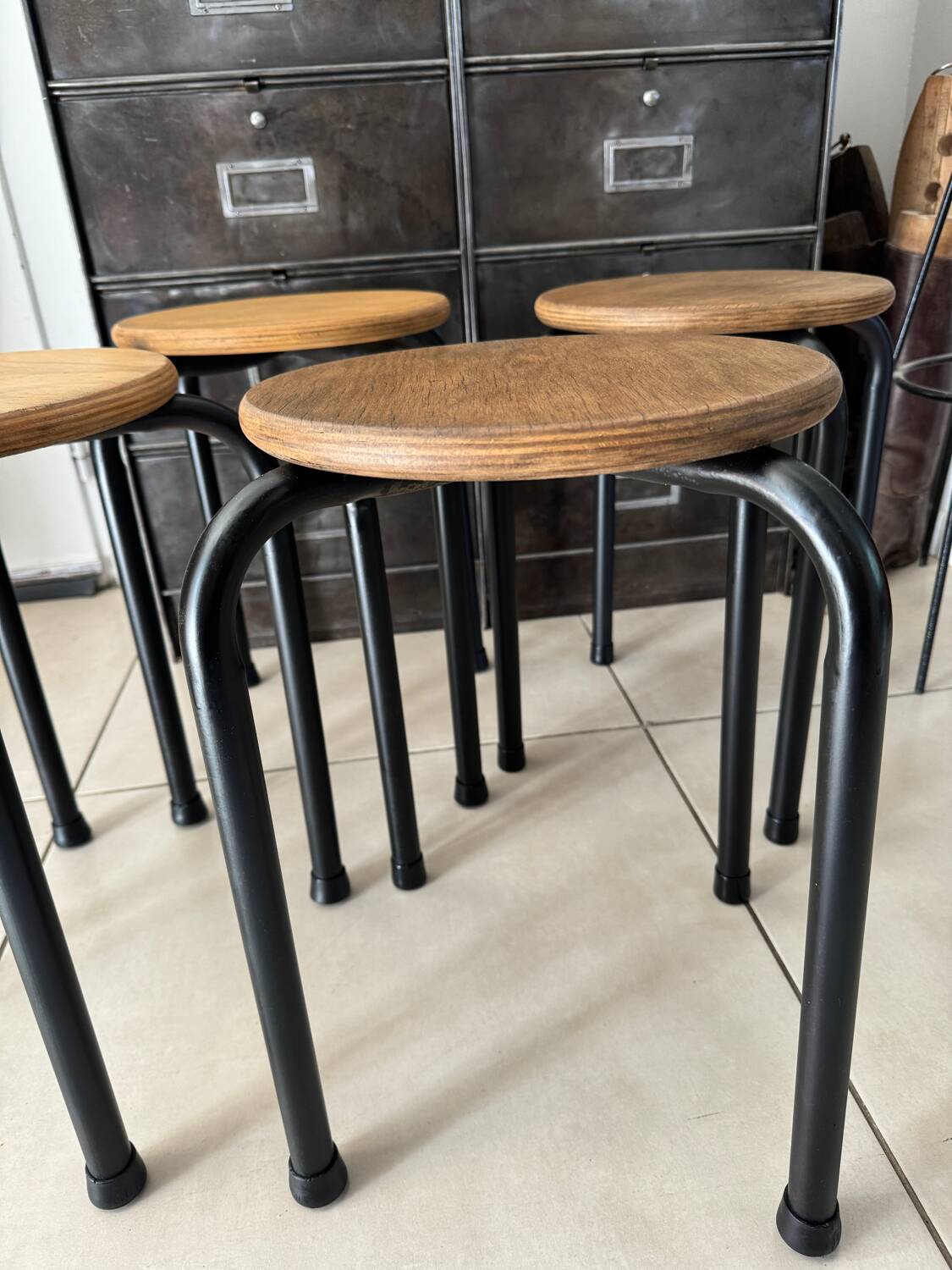 Series of 4 metal and wood school stools