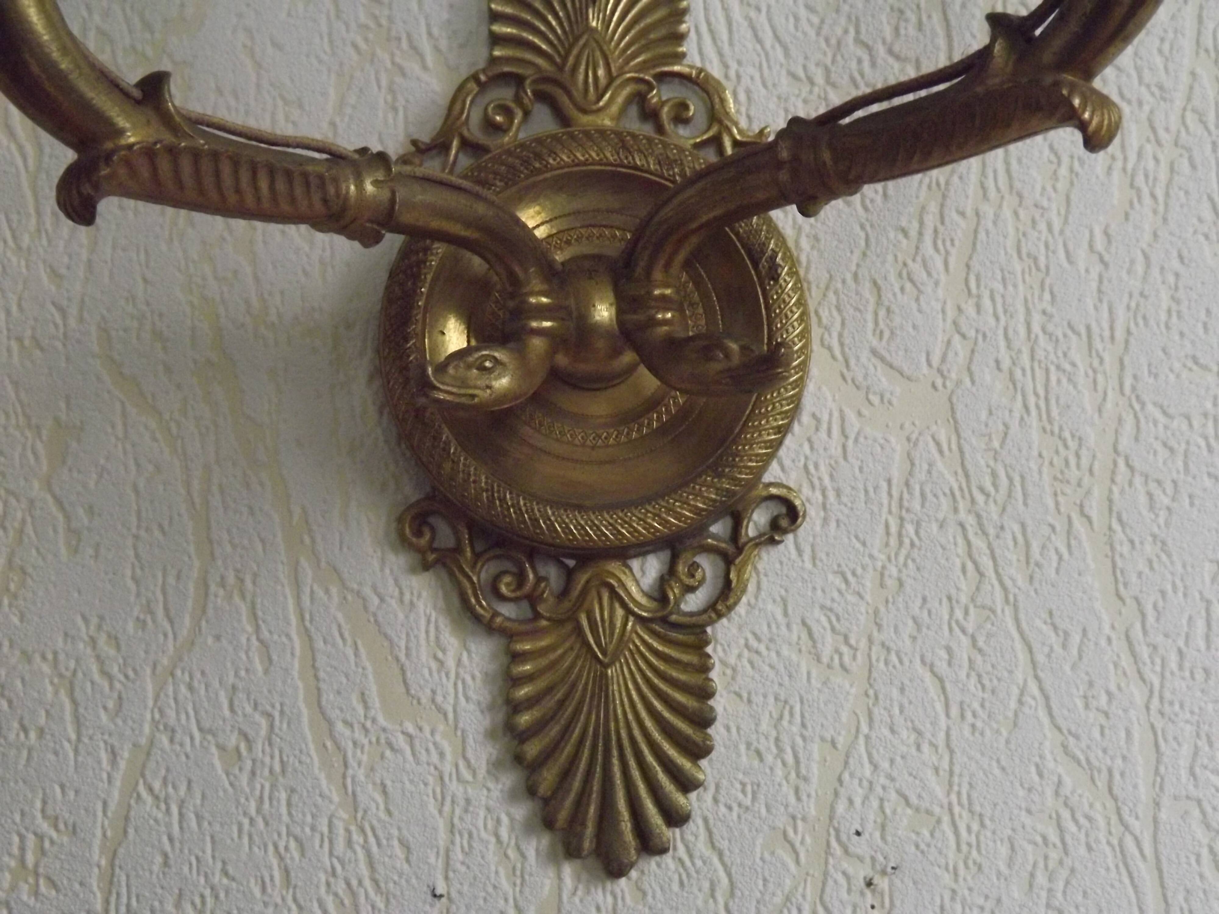 French Antique Bronze Empire Double Wall Sconce with Fan & Swan Detail 5239