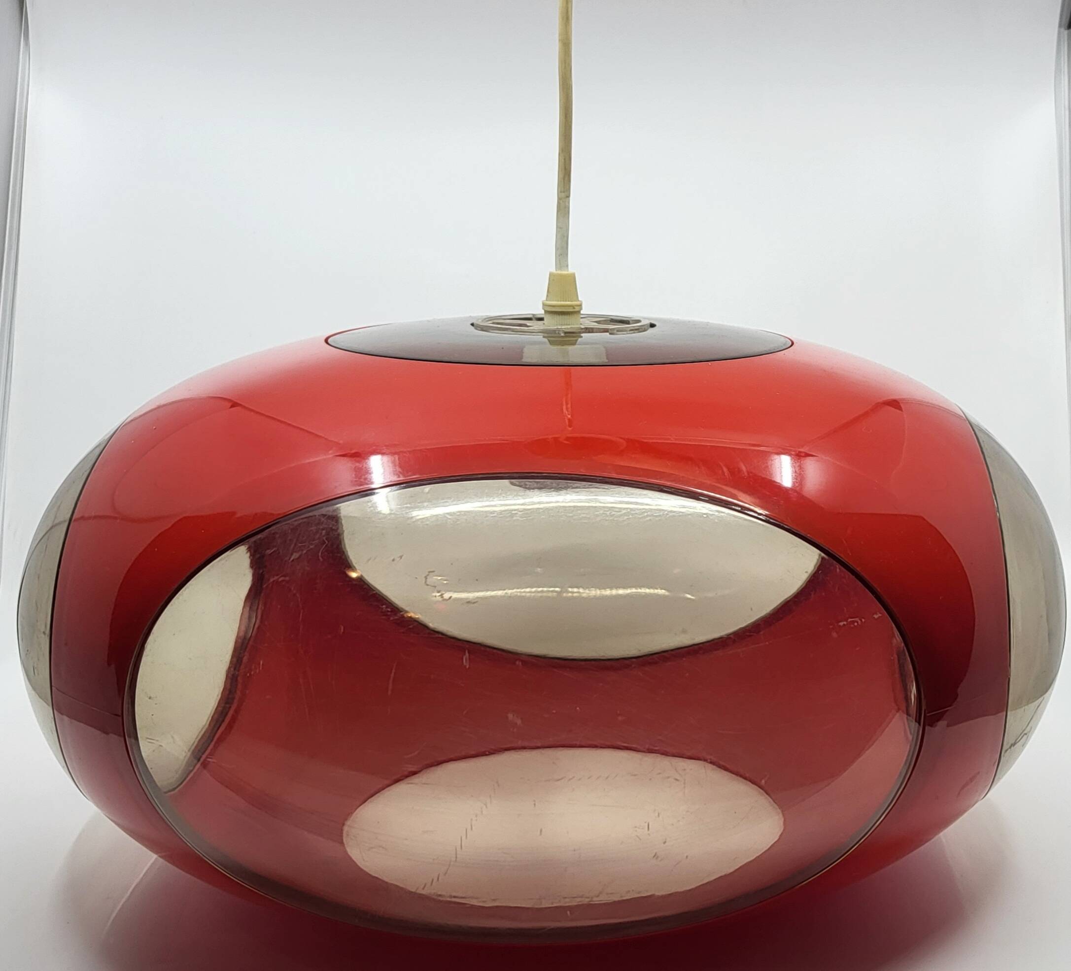 Massive Belgium red plexiglass UFO Space Age pendant light, 1970