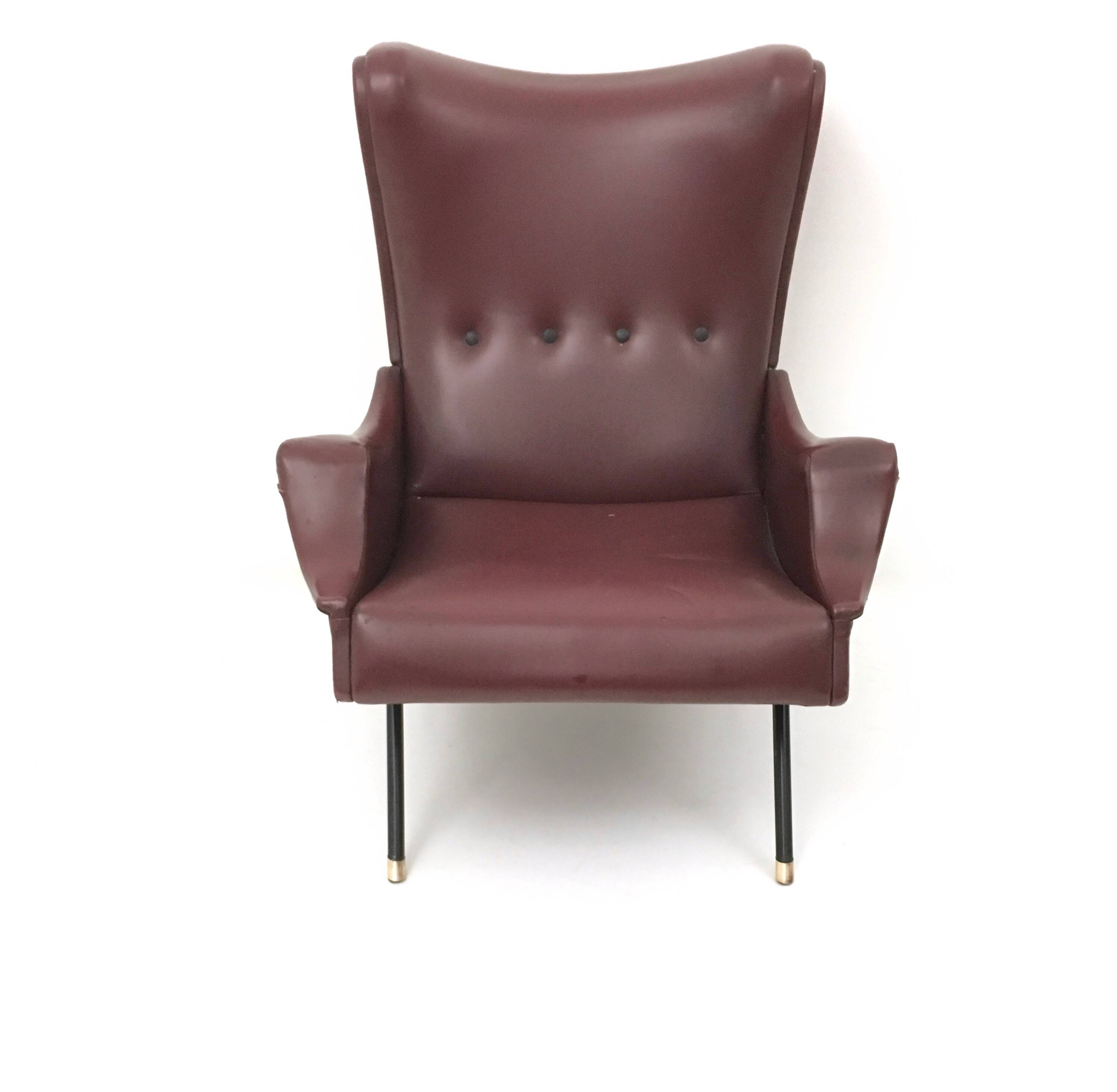 Burgundy Skai, Brass and Metal Lounge Chair, Italy