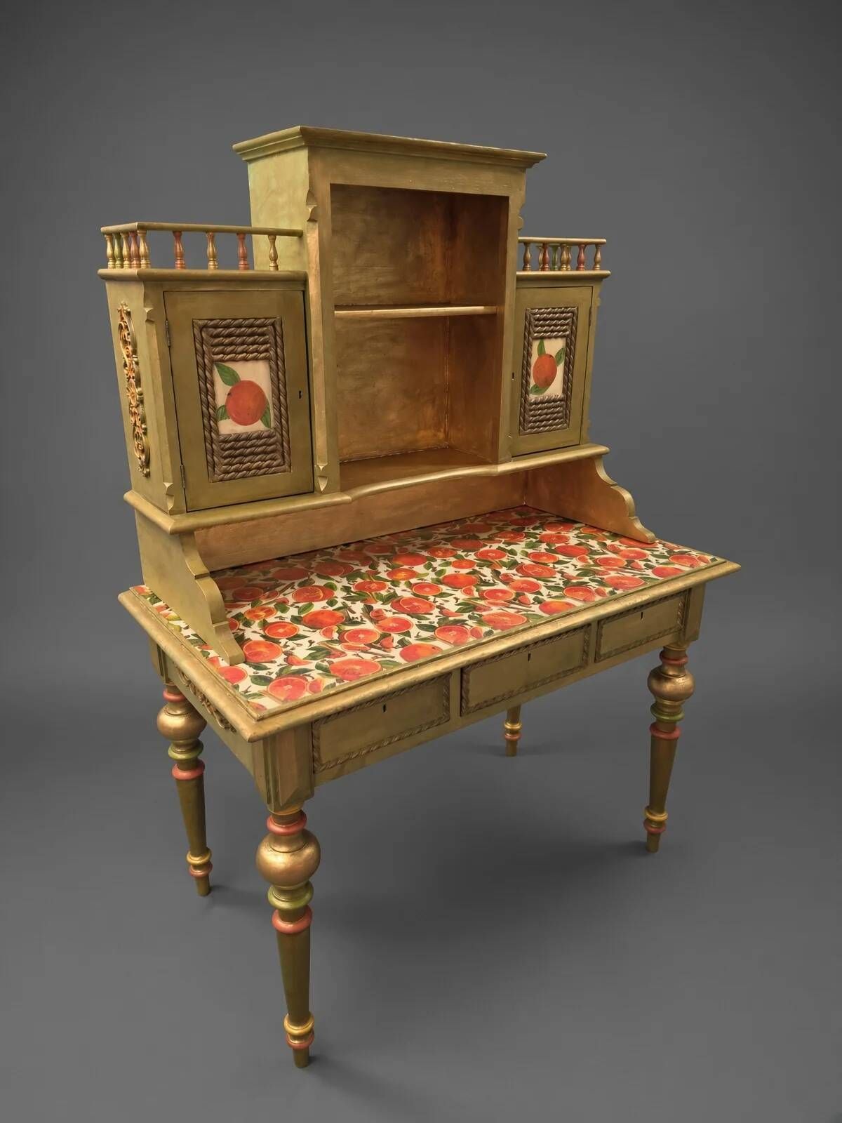 Antique Norwegian secretary desk | Restored gold & green fruit decoupage