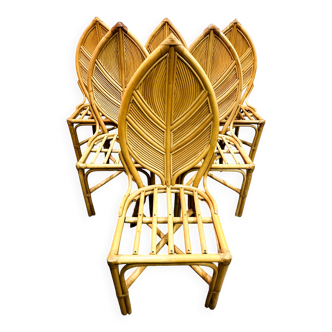 Ensemble de 6 chaises de salle à manger côtières vintage en roseau, années 1970.