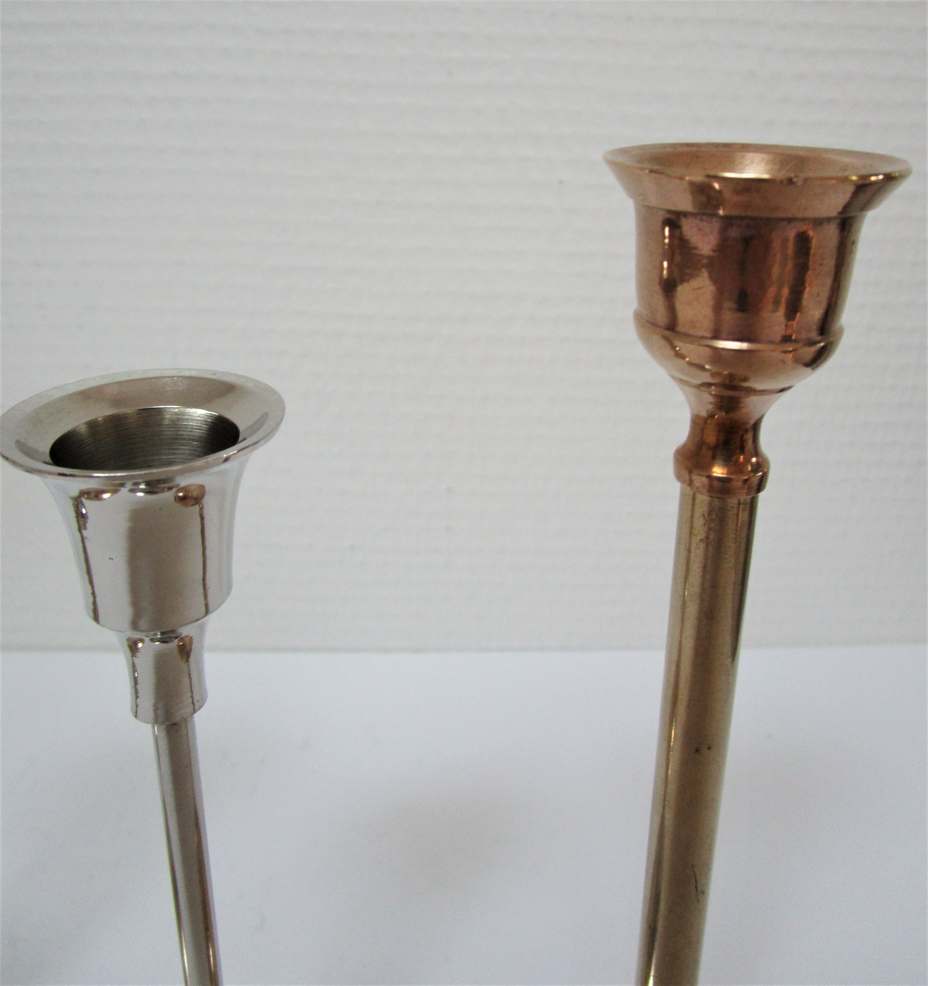 Five gold brass candlesticks and chrome brass vintage scandinavian design