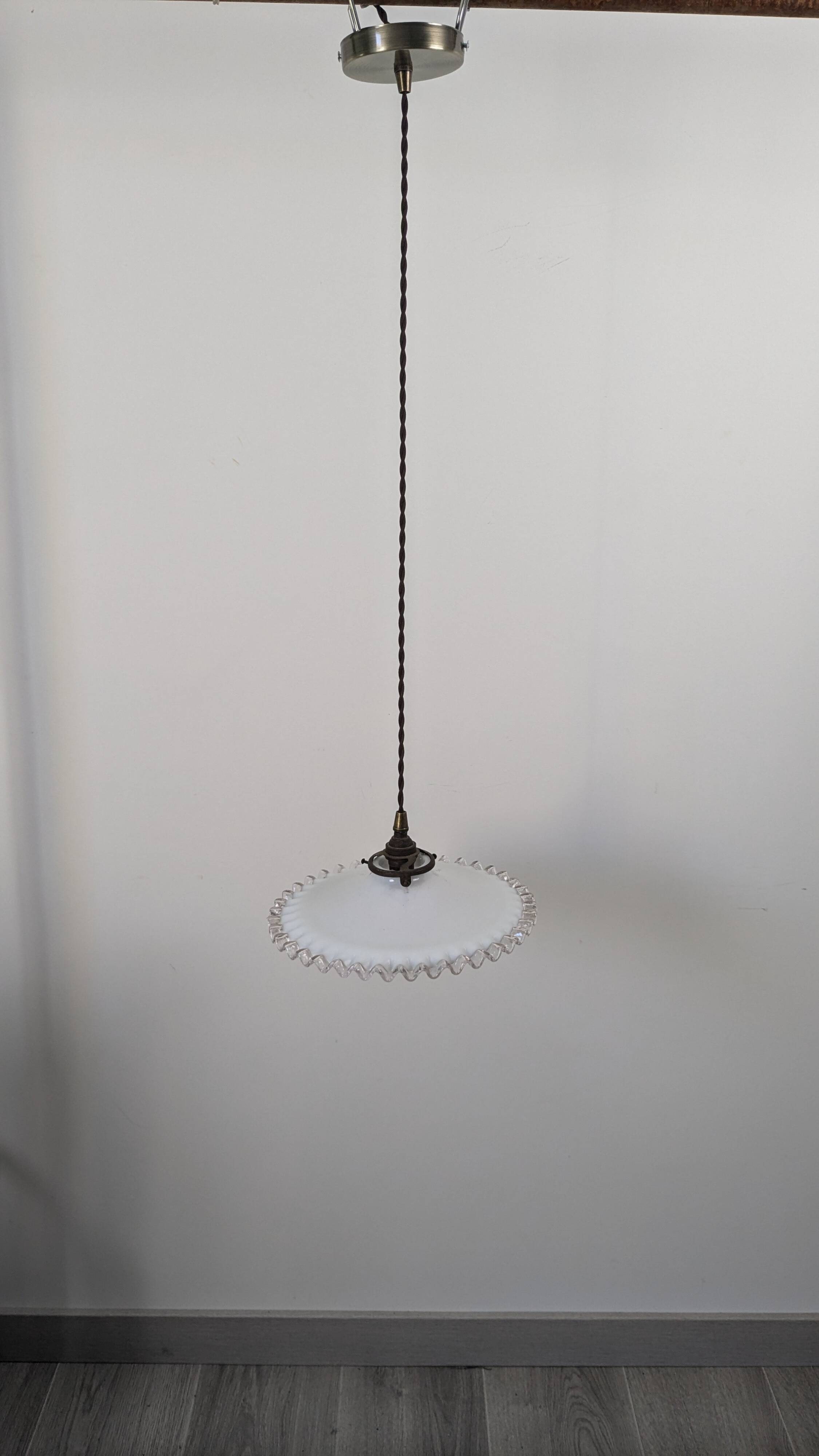 Vintage pendant light in white opaline with lace