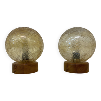 Set of 2 glass and wood table lamps , 1980s
