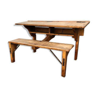 Schoolboy desk with bench, two seats, vintage