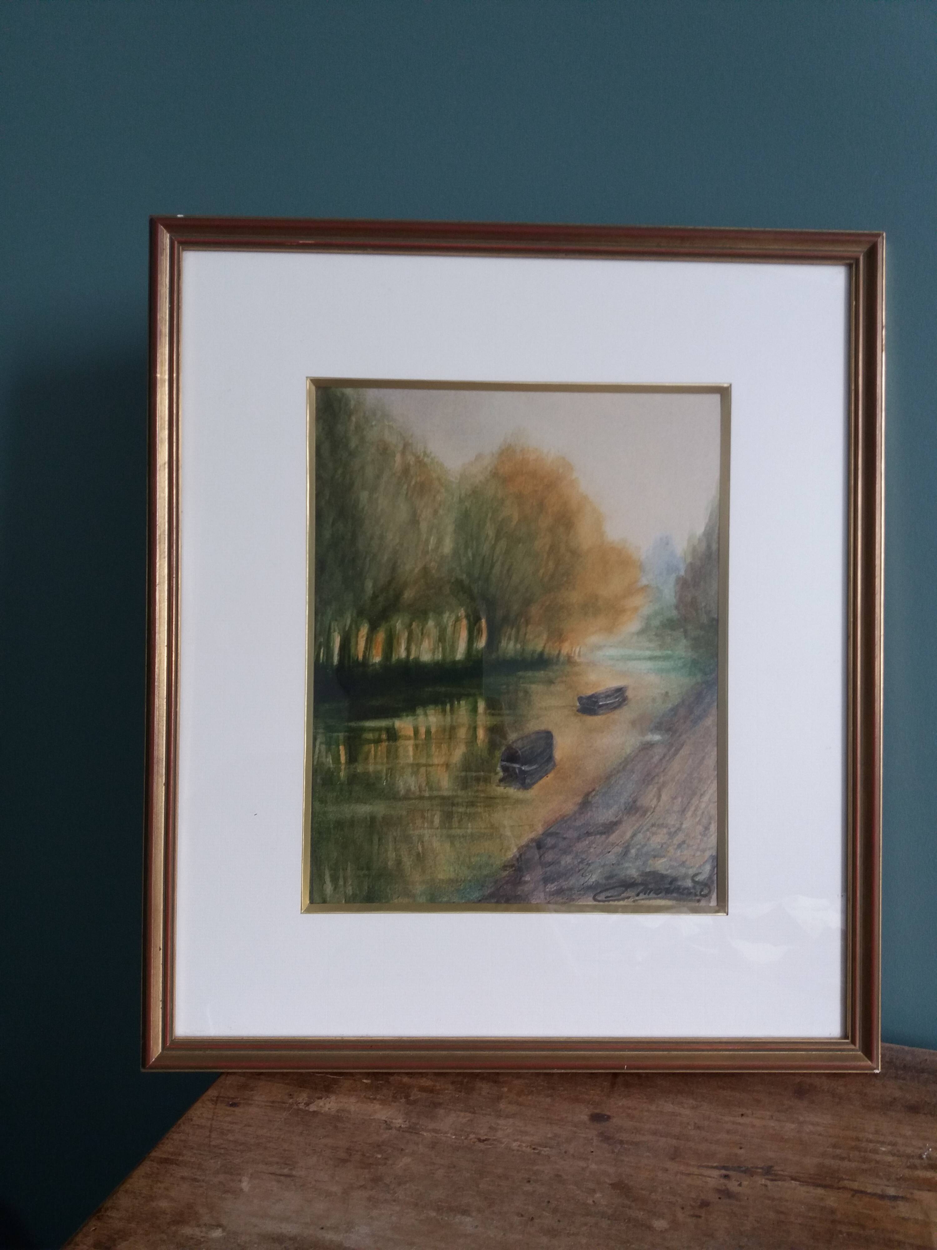 Signed painting, landscape, boat on river, Poitevin marsh