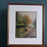 Signed painting, landscape, boat on river, Poitevin marsh