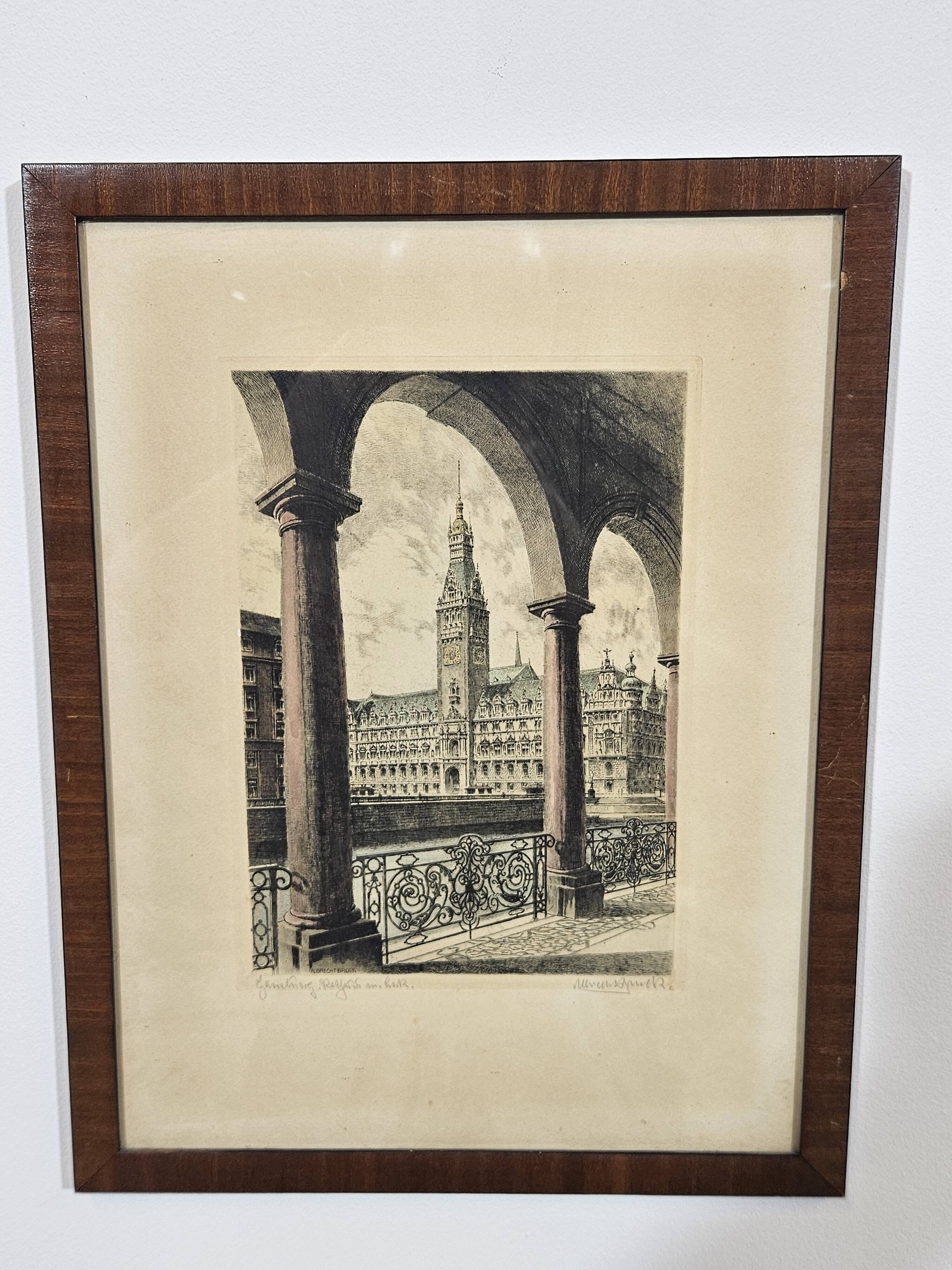 Etching "Town Hall in Hamburg" by Albrecht Bruck