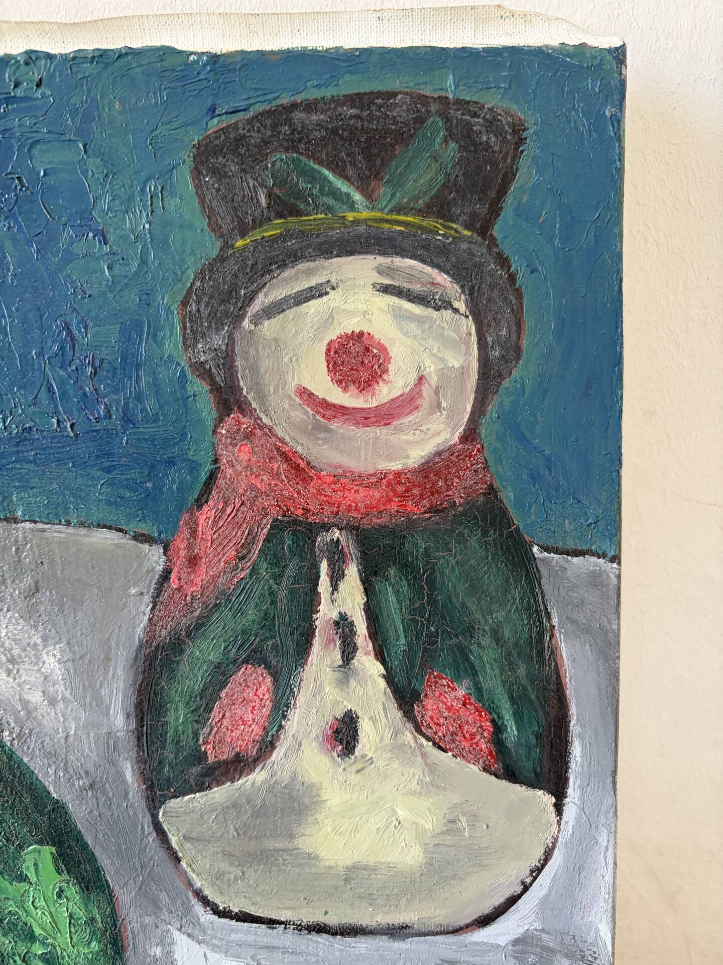 Still life, watermelon and clown, oil on canvas signed 1988