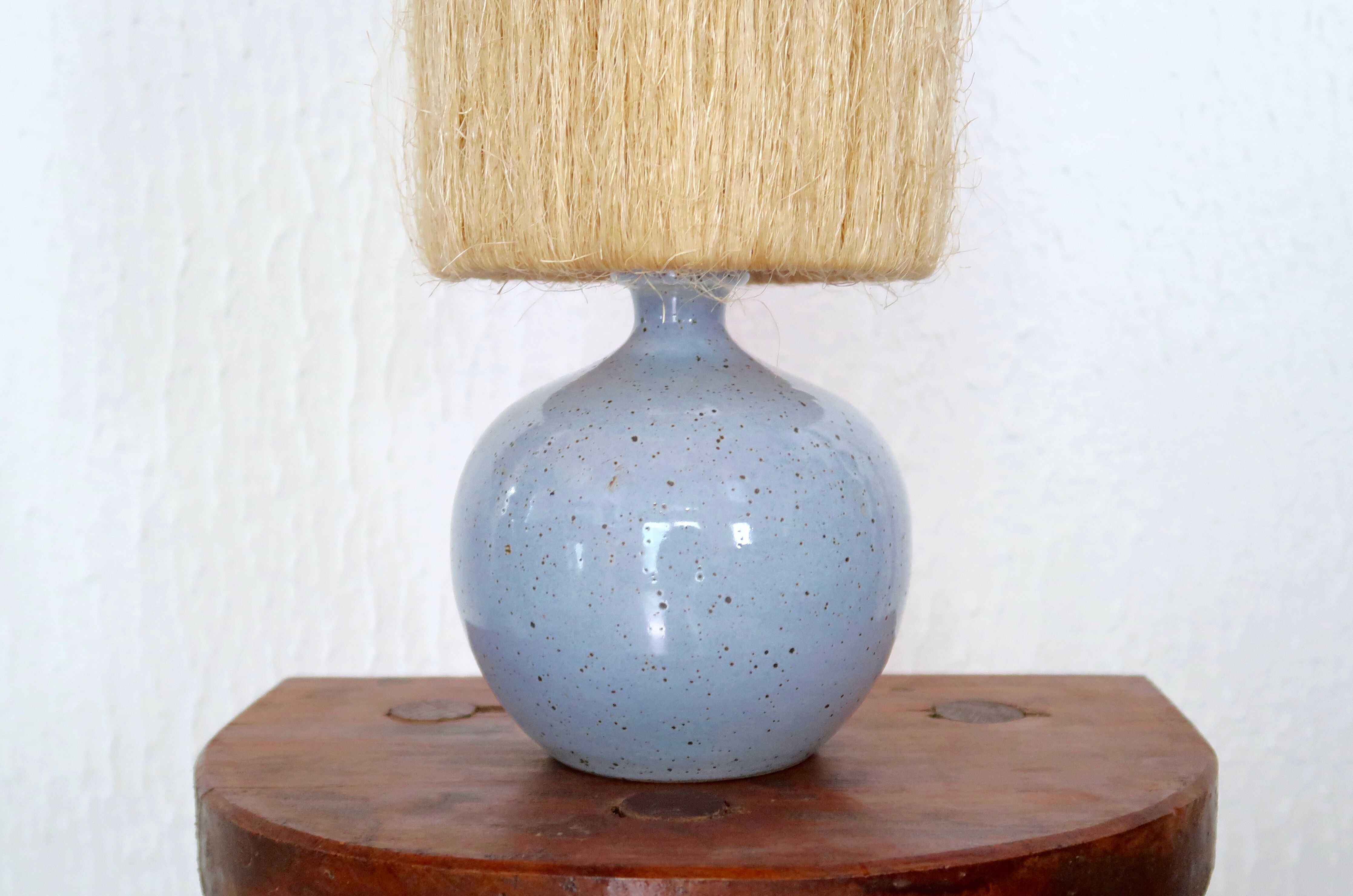 Blue ceramic lamp, hemp lampshade, 60s
