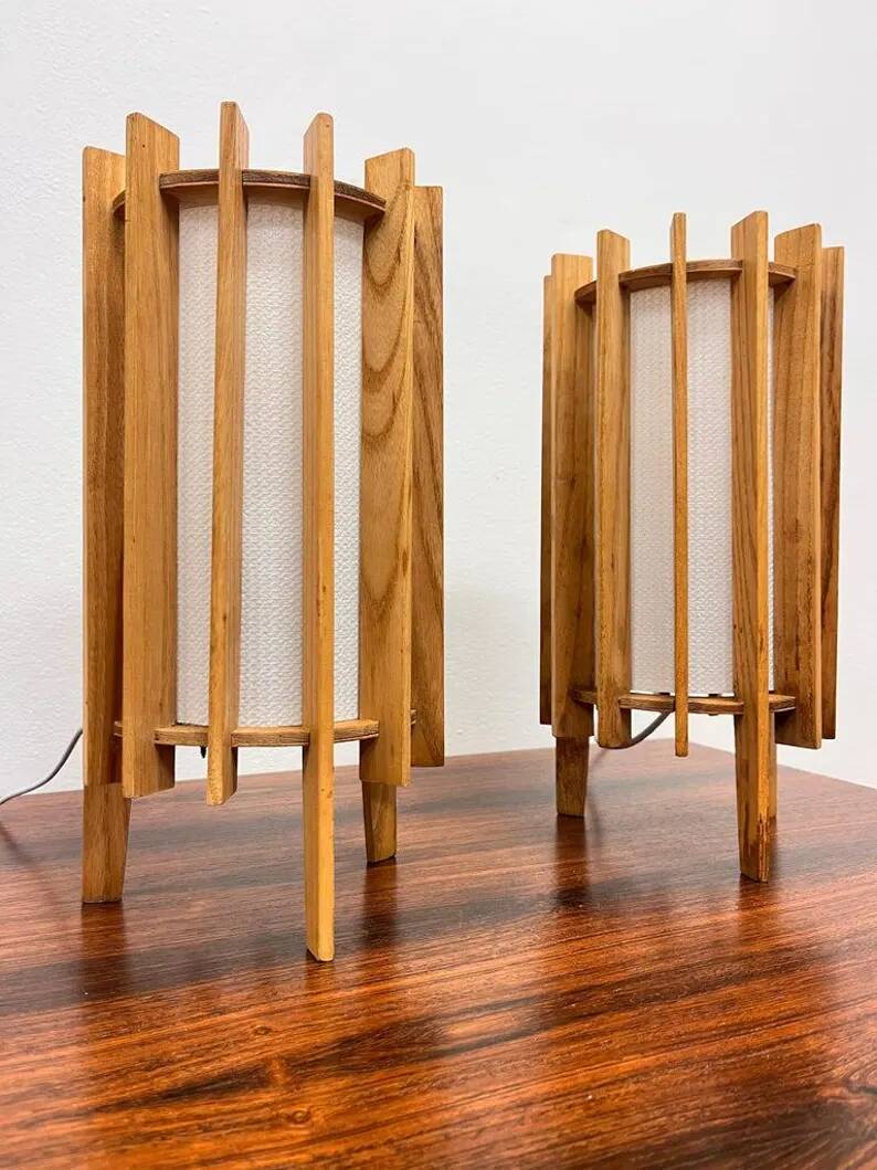 Ib fabiansen wooden space age table lamps by fog and mørup - denmark - 1960s