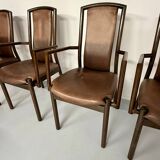 Set of 8 wooden and thick leather armchairs, Girsberger design, 80s