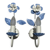 Pair of blue metal floral wall lights