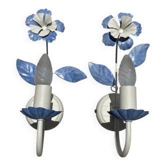 Pair of blue metal floral wall lights
