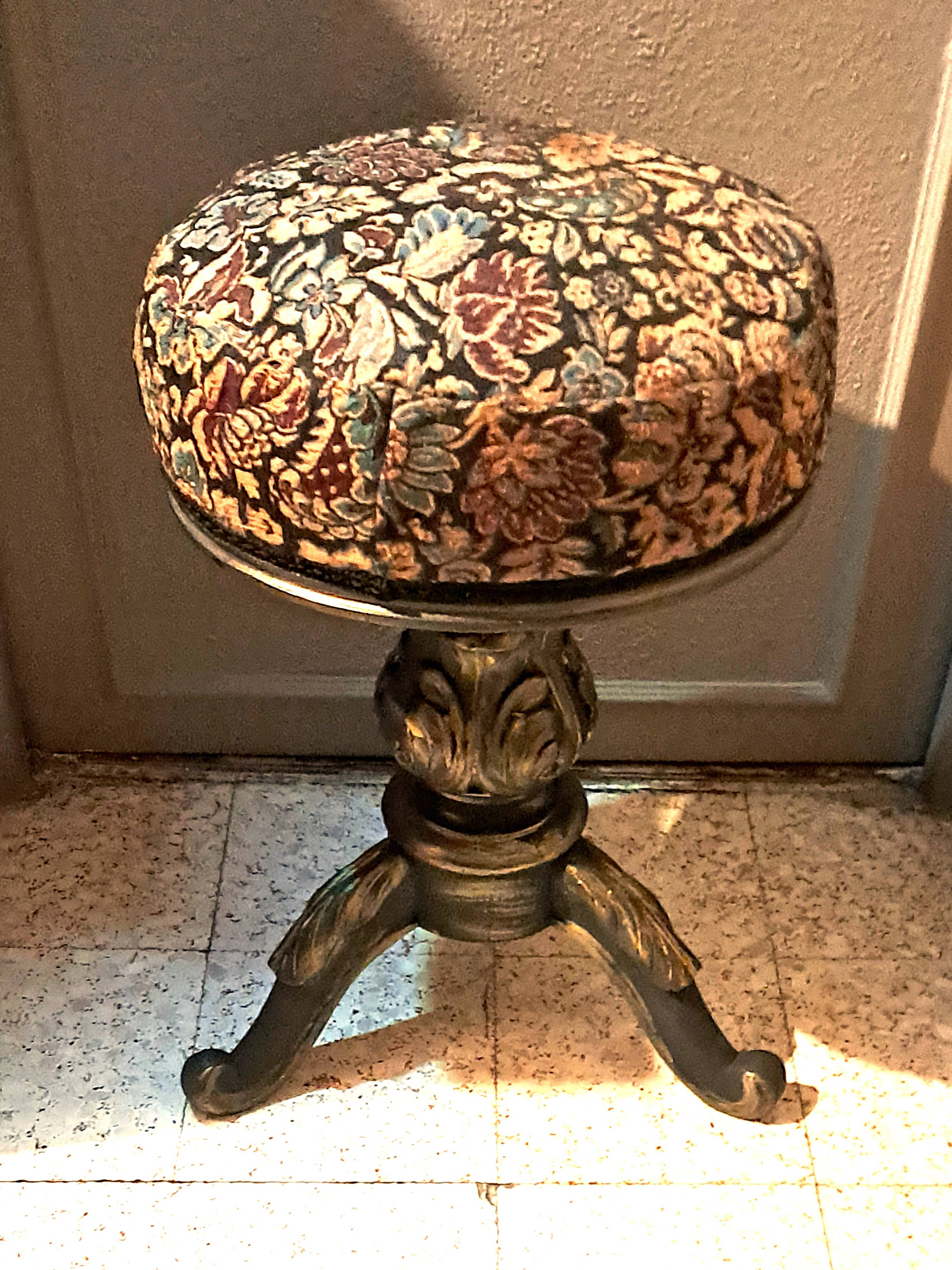 Victorian Piano Stool, Patinated Wood, Upholstered Fabric, 19th Century, France