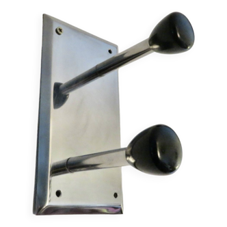 Chromed brass wall coat rack with 2 bakelite hooks 1970