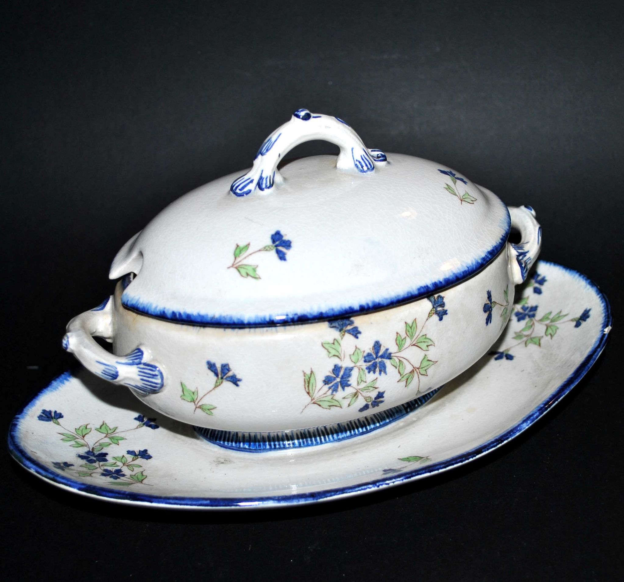 Oval sugar bowl in creil terrece montereau model barbeau blueberry 19th century