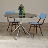 Round table in smoked glass and chrome metal from the 70s