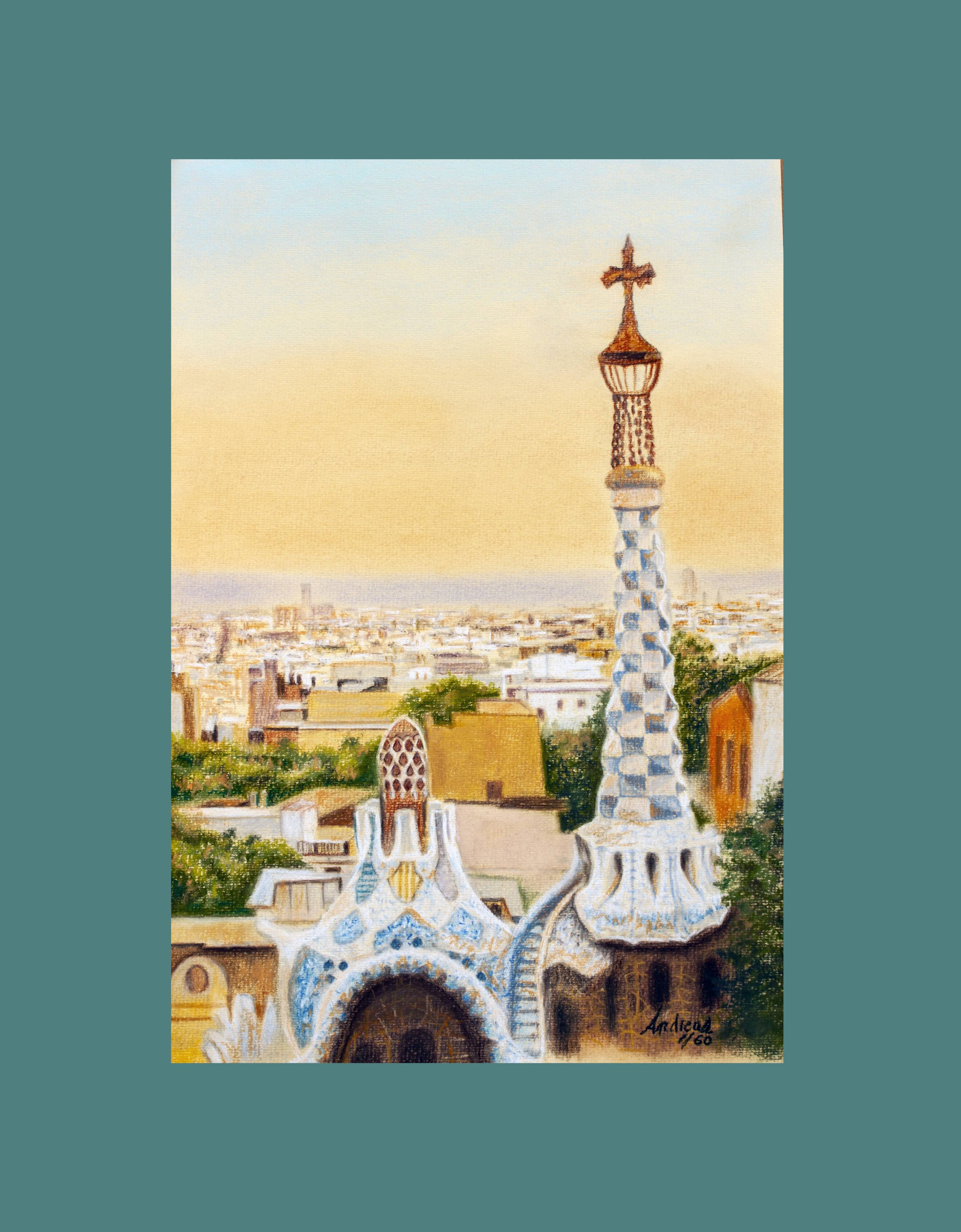 Drawing of Barcelona seen from Park Guell. Barcelona drawing. Barcelona cityscape.