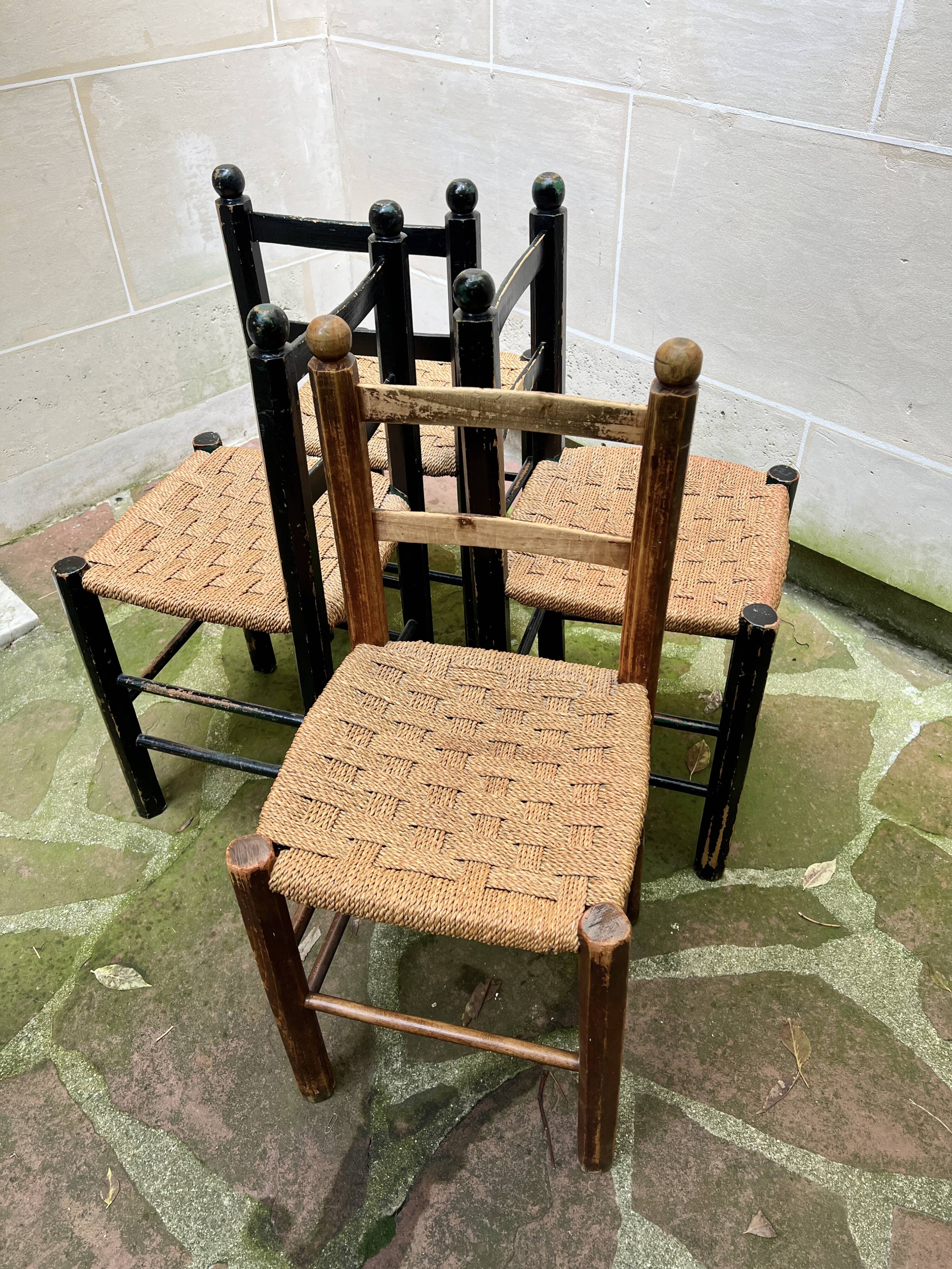 Chaise Italienne Vintage Bois Brut Corde Tressée Artisanale