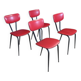 Ensemble de 4 chaises rétro skaï rouge pieds compas métal noir années 50