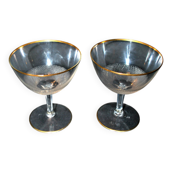 Lot 2 coupes à champagne SAINT-LOUIS cristal taillé facette liseré or 1900