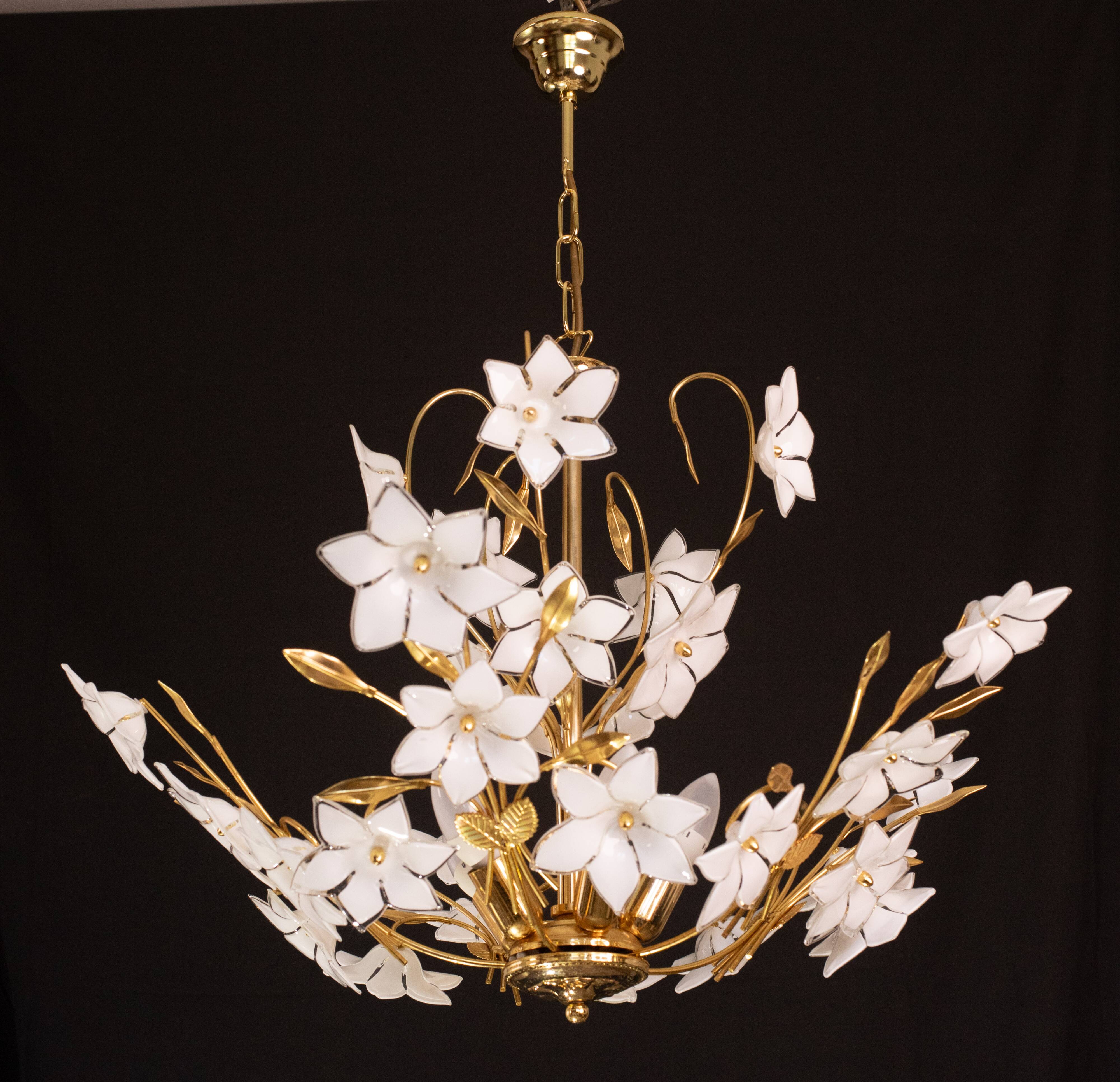 Vintage Murano Glass Chandelier White Flowers, 1970