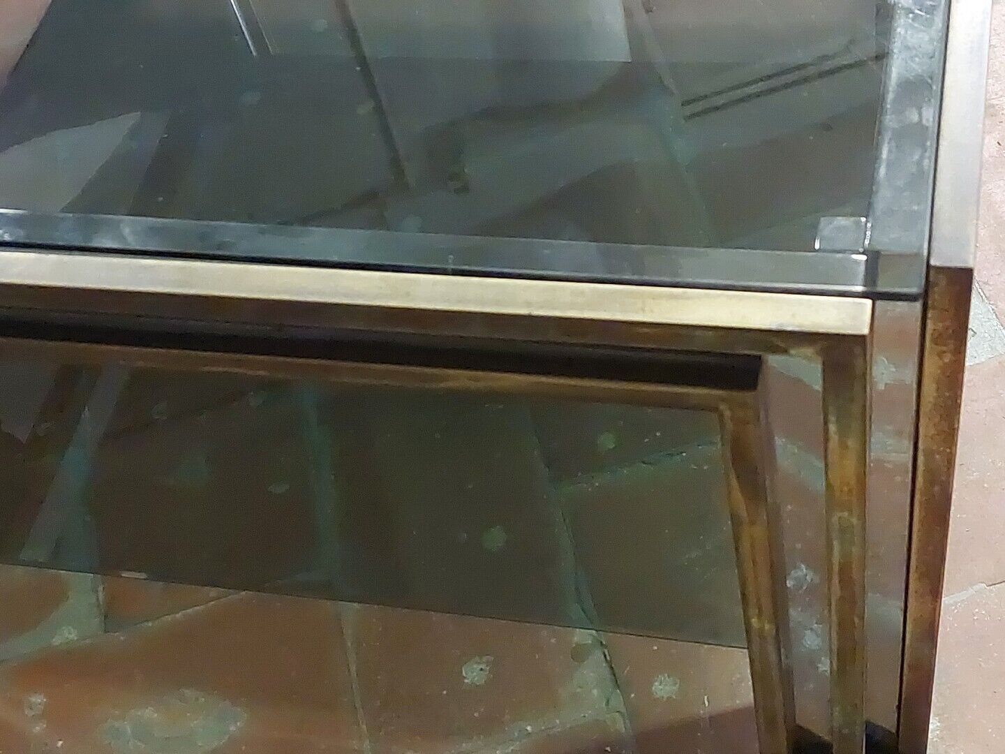 Smoked coffee table, brass, chromed metal, glass, 70s