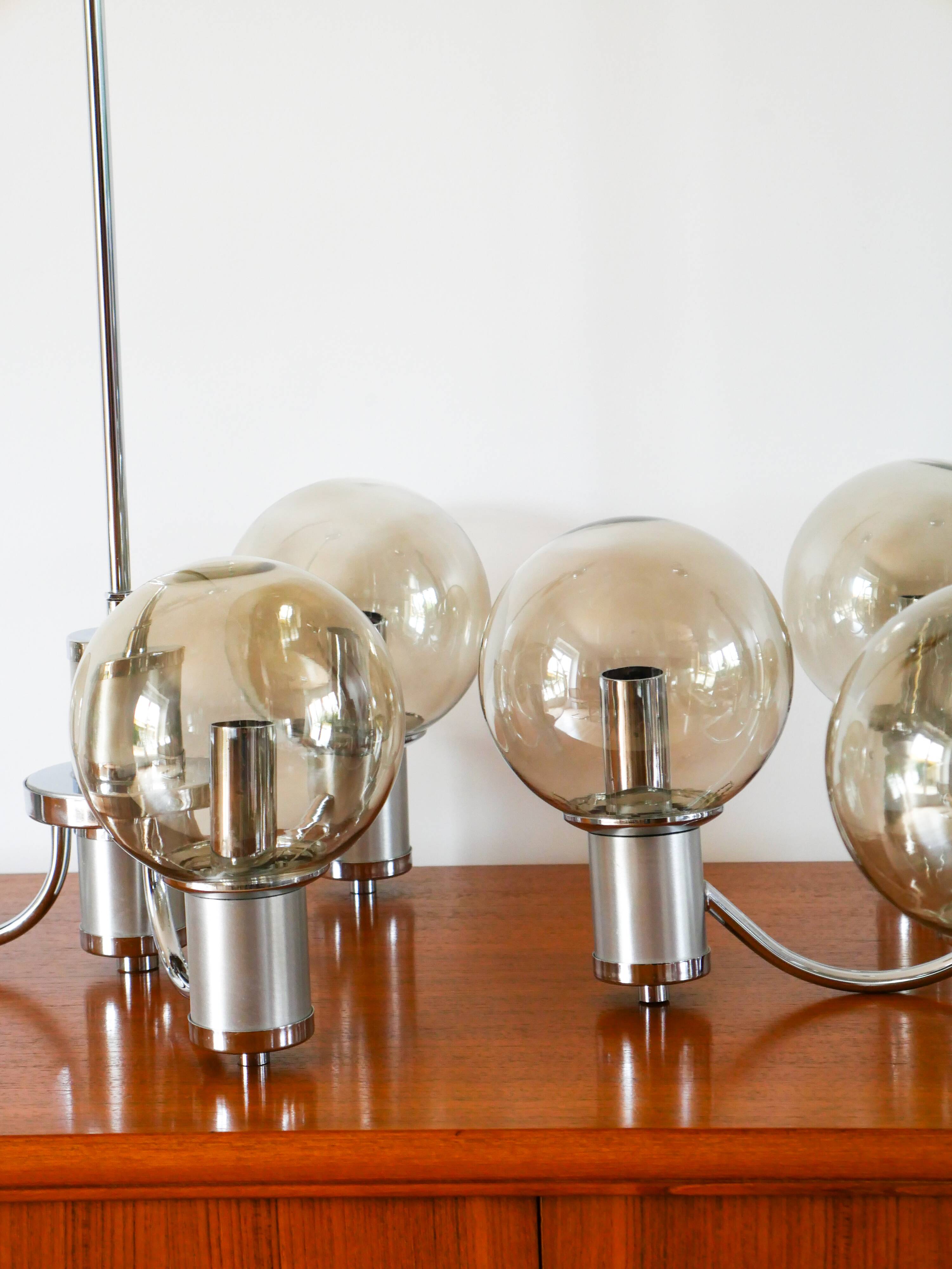 Three-branched chandelier, in chrome and smoked glass globes, Design, 1970