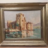 Oil on canvas by RU Rinaldi: castle on the banks