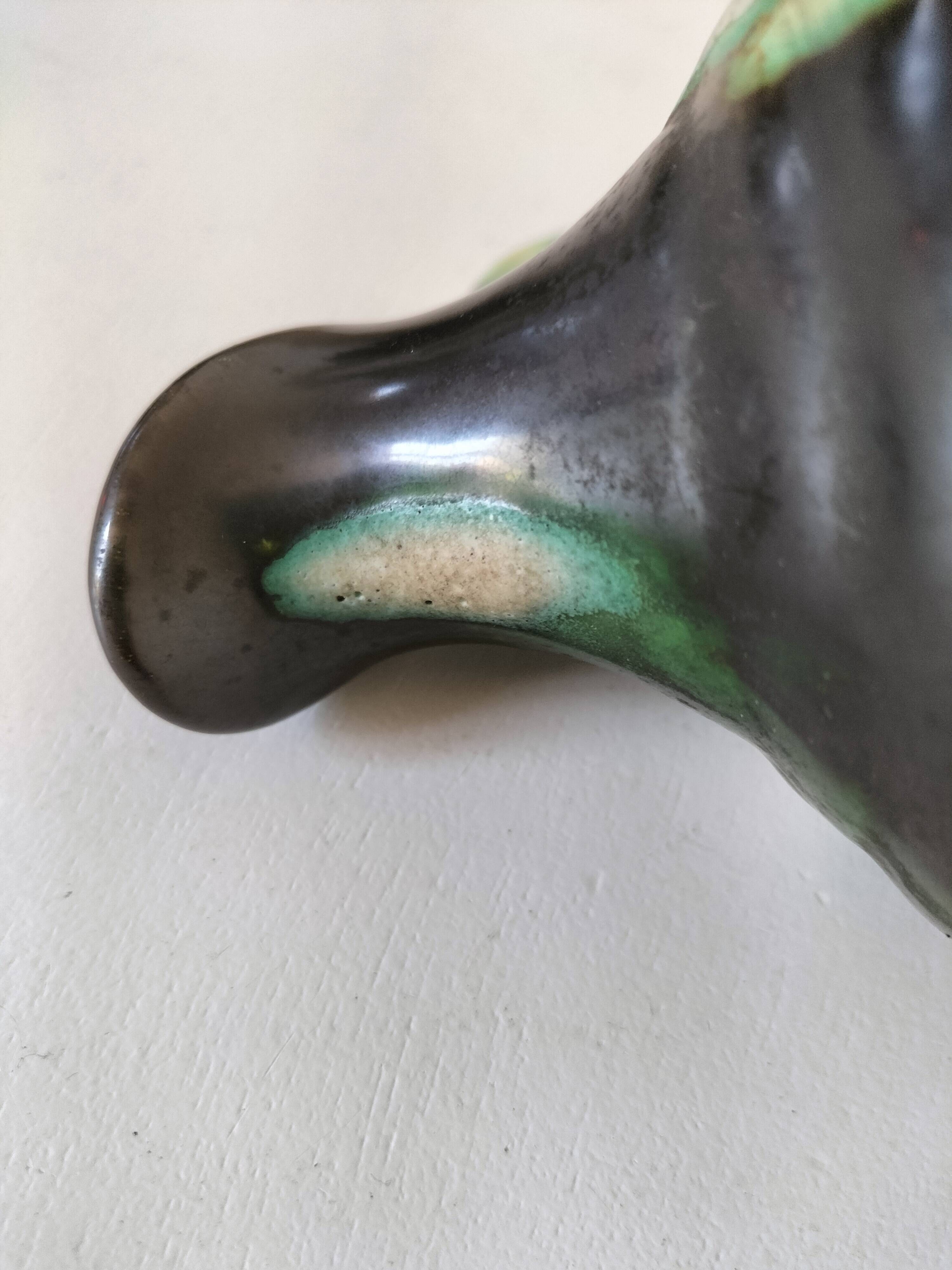 Ceramic pitcher Thulin Belgium flamed green black enamel
