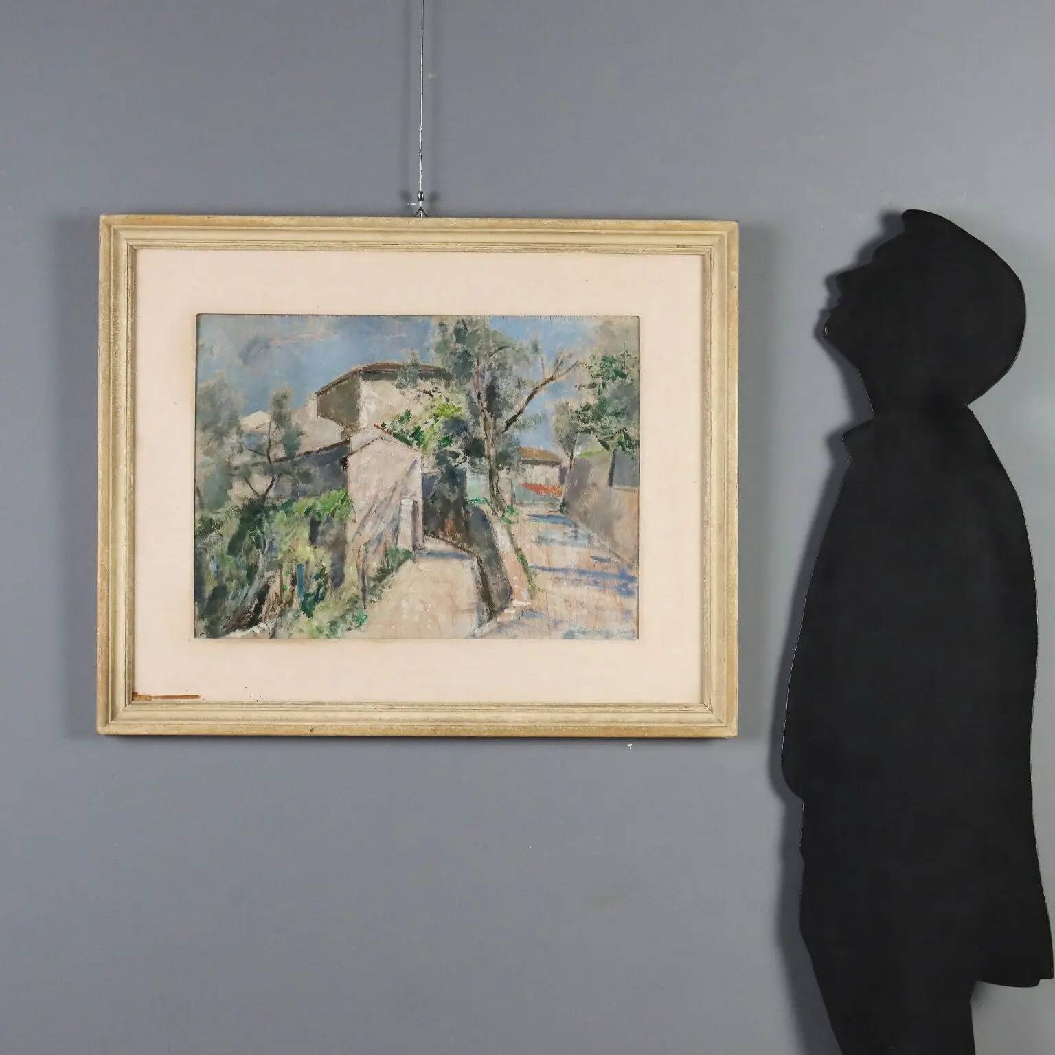 Modern painting signed Renzo Biasion, landscape of Garda, 1953.