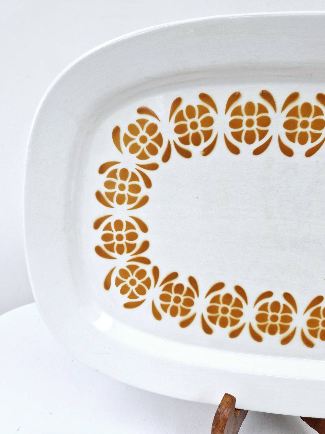 Vintage Oval Dish 70's Sarreguemines Earthenware Decor Orange Flowers 38.5 x 25 cm