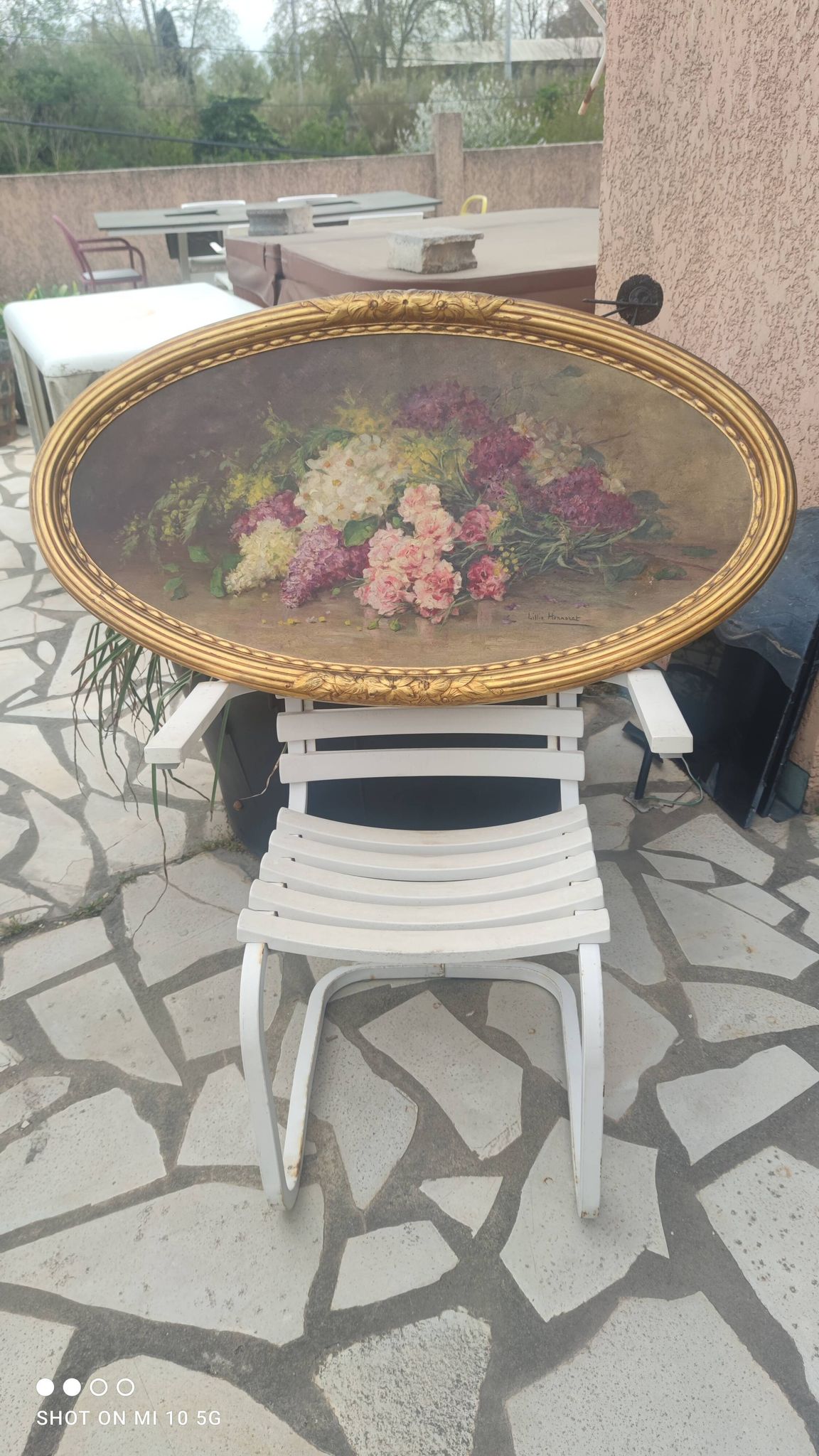 Elliptical table still life bouquet of flowers oil on wood by Lillie Honnorat