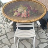 Elliptical painting still life bouquet of flowers oil on wood by Lillie Honnorat