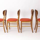 Set of 4 Danish Dining Chairs – Teak & Oak, 1960s, Red-Orange Upholstery